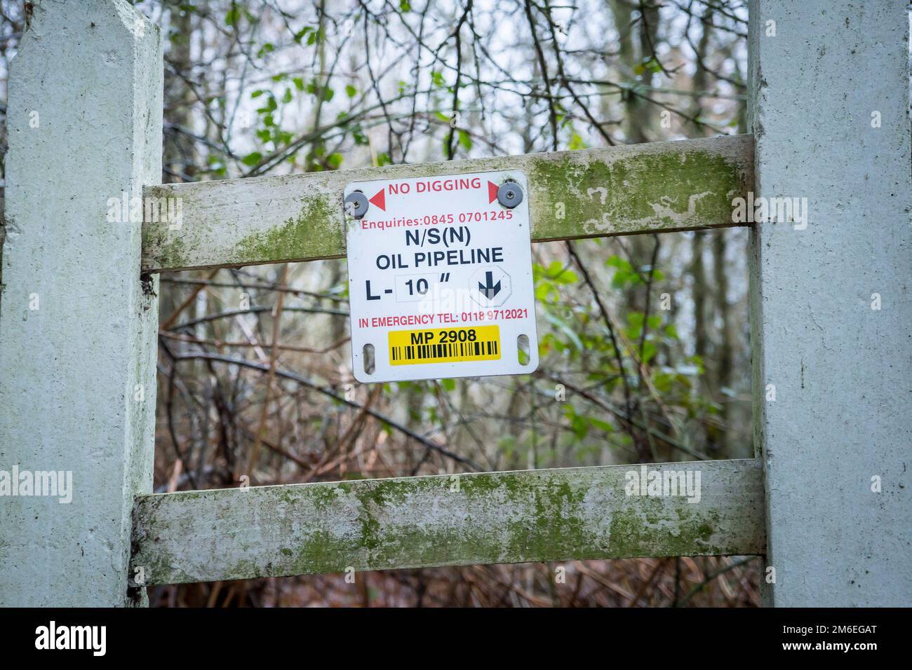 Kein Graben, Ölleitung Nahaufnahme des Schilds am Tor/Zaun in UK Woodland mit Hinweis auf die N/S (N) ÖLLEITUNG, daher kein Graben erlaubt. Stockfoto