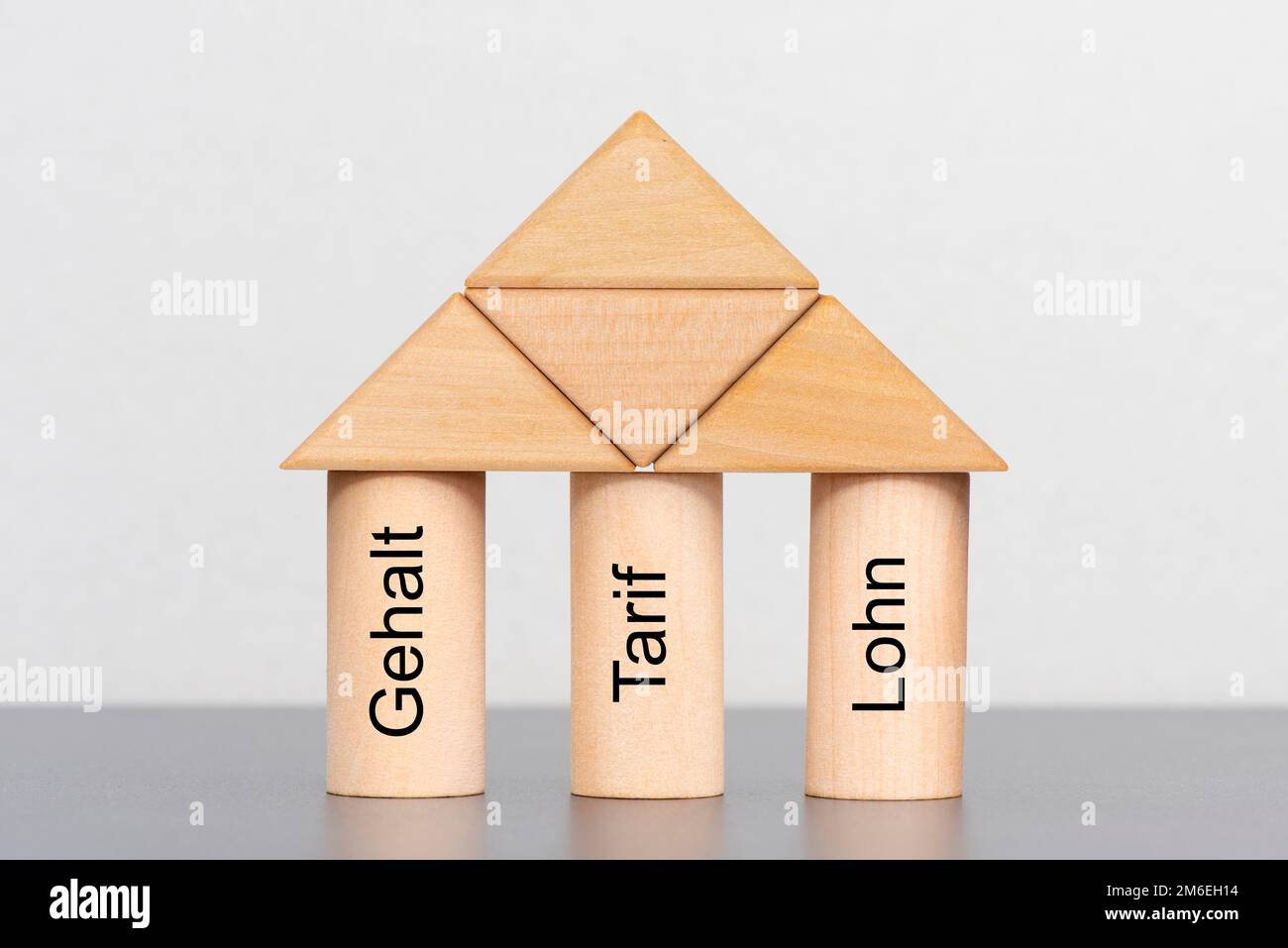 Drei Säulen mit Gehalt, Tarif und Lohn Stockfoto