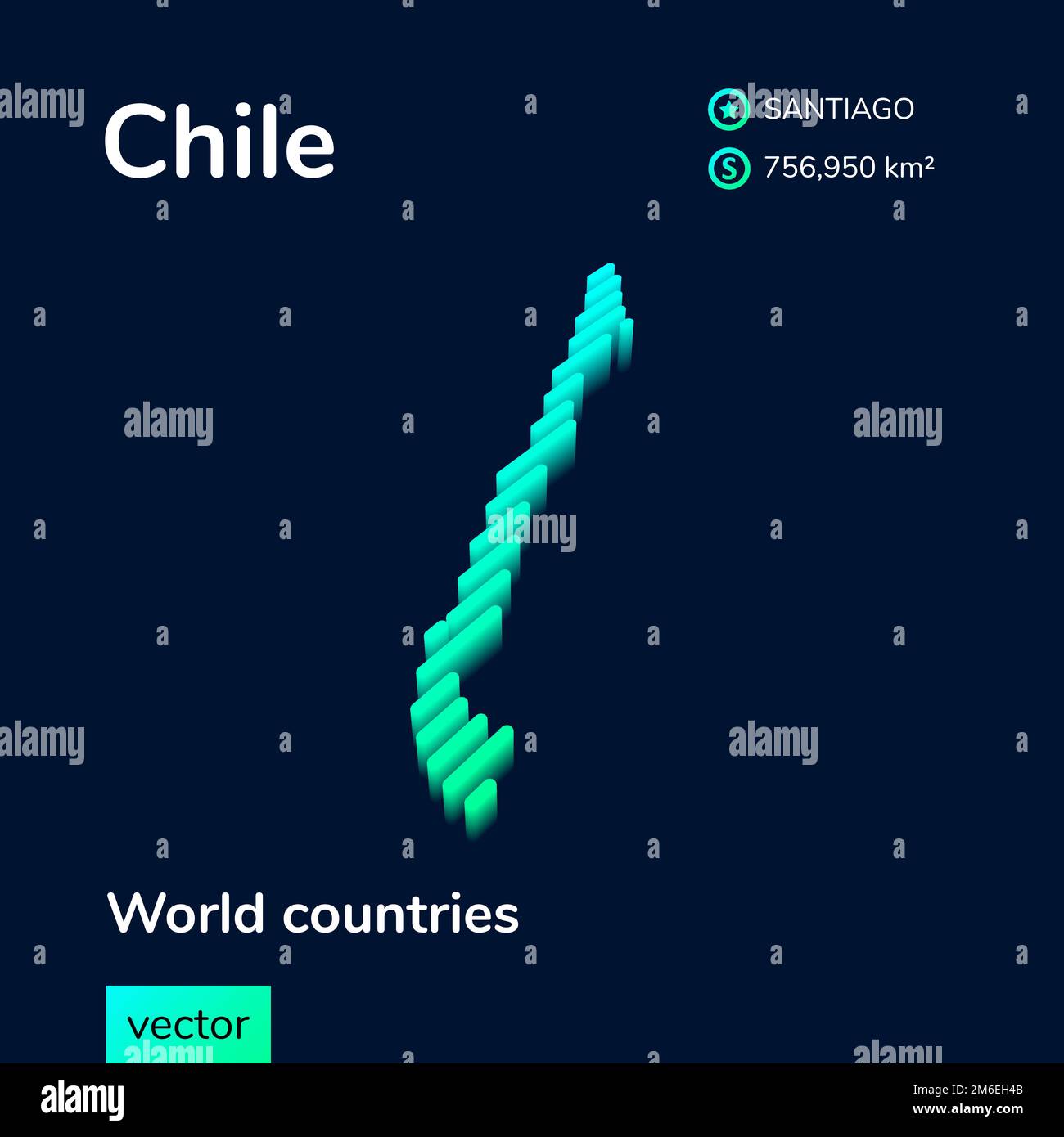 Stilisierte isometrische Vektor isometrische Neon 3D Chile Karte in minttürkisfarbenen Farben auf dunkelblauem Hintergrund. Poster zur Geografie-Studie, Infografik. Stock Vektor