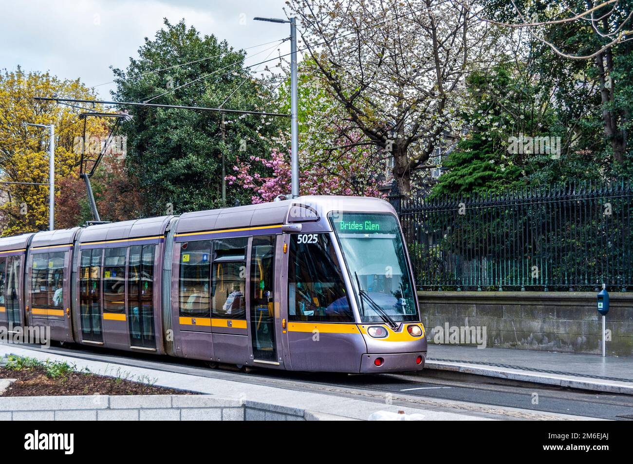 Luas-Straßenbahn über die St. Stephen's Green im Stadtzentrum von Dublin, Irland Stockfoto