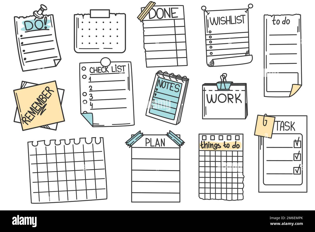 Doodle Hand Zeichnen Set mit Memo Papierblättern, Wunschliste, To-Do Liste, Haftnotiz, Erinnerung, Checkliste und Aufgabenliste mit Häkchen. Verschiedene Arten von Notizen auf Papier, isoliert auf weißem Hintergrund. Stock Vektor