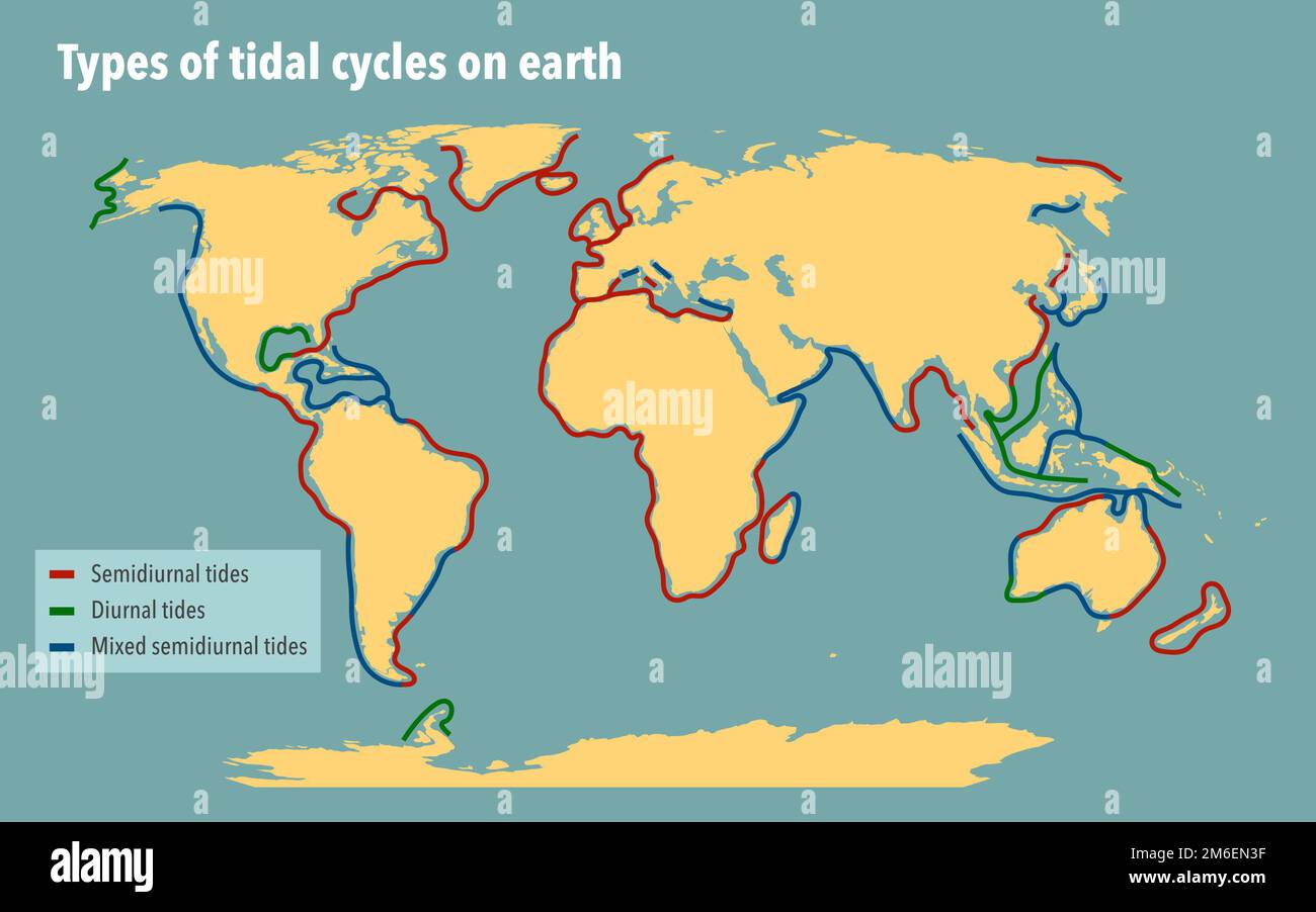Karte mit der Verteilung der Gezeitenzyklen auf der Erde Stockfoto