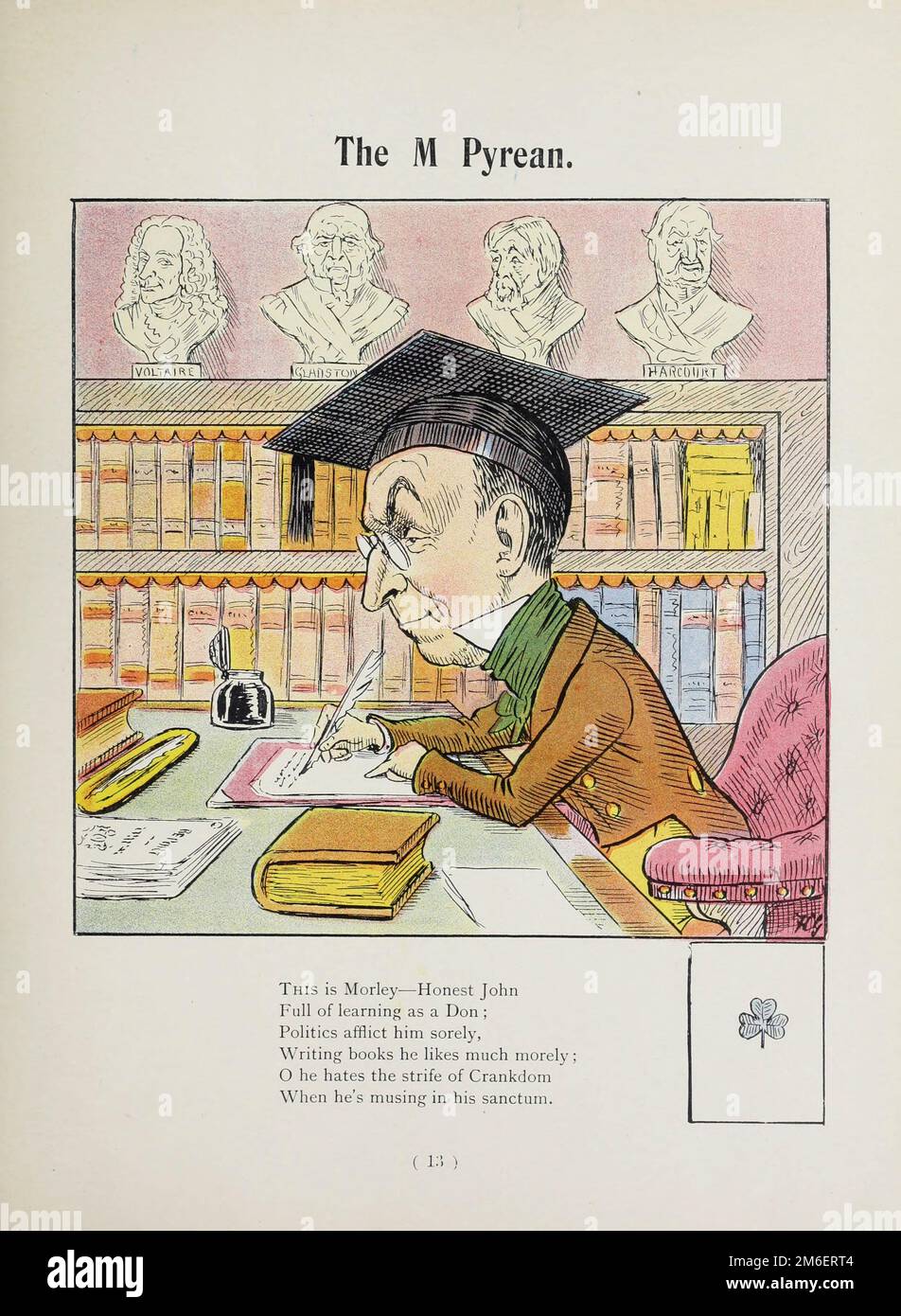 Das ist Morley – ehrlicher John voller Lernen als Don; die Politik quält ihn sehr, schreibt Bücher, die er moralisch mag; O Er hasst den Streit um Crankdom, wenn er in seinem Heiligtum nachdenkt. Aus dem satirischen Buch Struwwelpeter Alphabet von Harold Begbie, 1871-1929, illustriert von Francis Carruthers Gould, 1844-1925, veröffentlicht in London : G. Richards 1900 Stockfoto