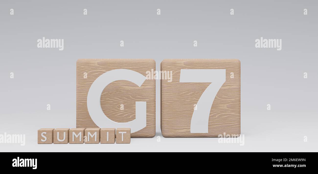 Wooden Cubes G7 Gipfel, Cubes mit Text G7 Gipfel. 3D Arbeit und 3D Bild Stockfoto