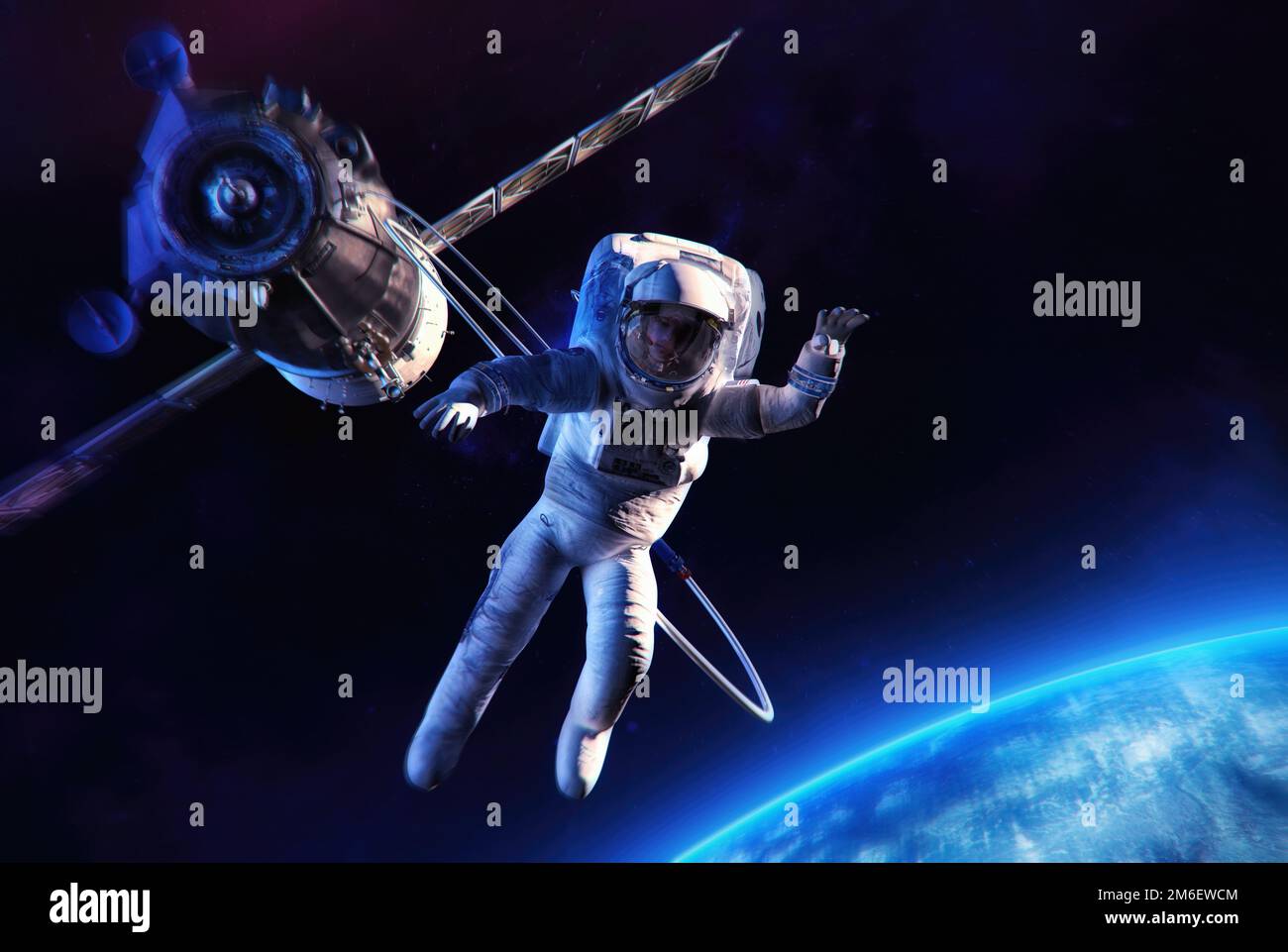 Astronaut winkt im Weltraum vor dem Hintergrund des Raumschiffs Soyuz, der Weltraumsternen, des Planeten Erde. Weltraumforschungsmission Stockfoto