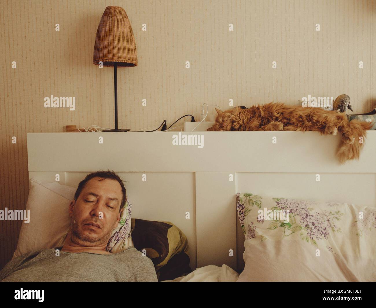Mann schläft beim Telefon im Bett. Stockfoto