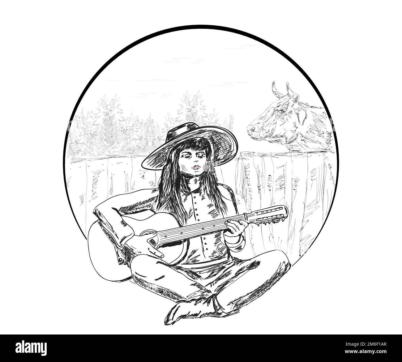 Gitarrist mit einer Kuh Stockfoto