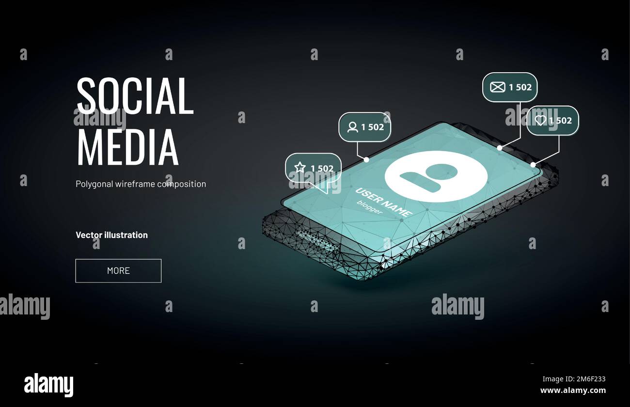 Konto in sozialen Medien.Isometrisch Niedrig Poly Drahtmodell. Pop-ups informieren über „Gefällt mir“-Bewertungen und Nachrichten auf dem Hintergrund des Smartphones. Tools für SEO o Stock Vektor