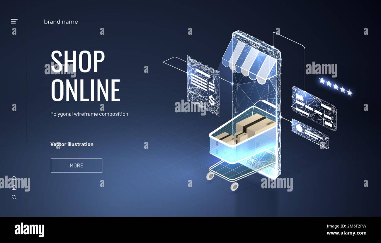 Online-Shop. Smartphone wurde zum Internet-Shop. Isometrischer Einkaufswagen und Smartphone mit Markise. Schließen Sie eine Bankkarte an, und bezahlen Sie Ihre Einkäufe. Stock Vektor