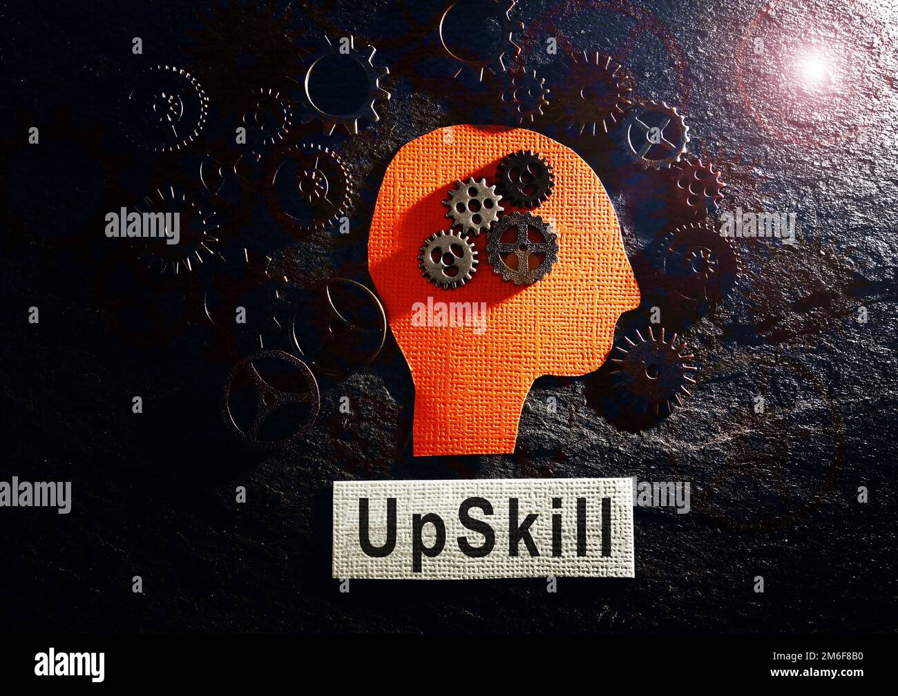 Kopf und Zahnräder mit Upskill-Text Stockfoto