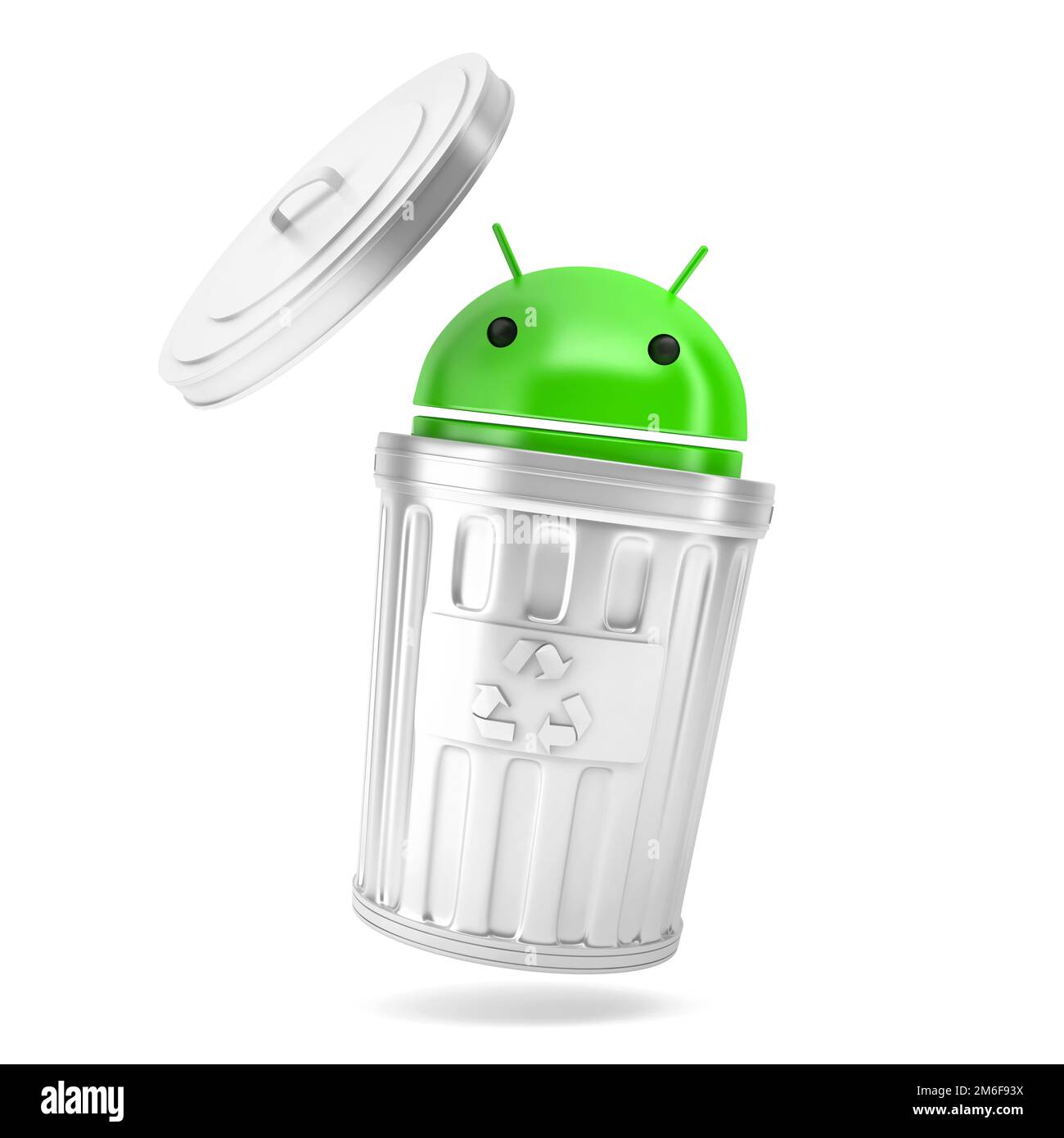 Android-Roboter im Papierkorb. 3D Abbildung. Isoliert Stockfoto
