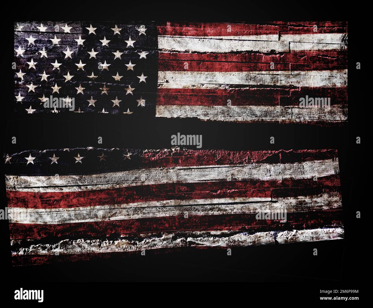 Die verzweifelte amerikanische Fahne wurde in halbschwarzem Hintergrund zerbrochen Stockfoto