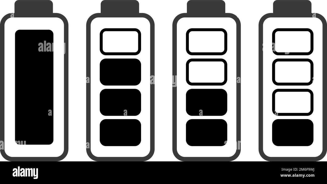 Schwarzweißbilder des Smartphone-Akkus bei unterschiedlichen Ladestufen. Laden Sie den Akku des Smartphones auf. Illustration Stock Vektor