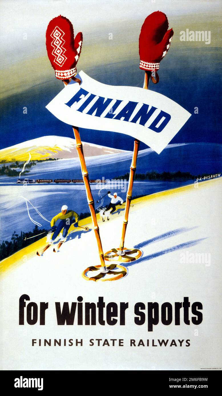 Finnland für Wintersport von O.K. Oksanen (Datum unbekannt). Poster veröffentlicht 1949. Stockfoto