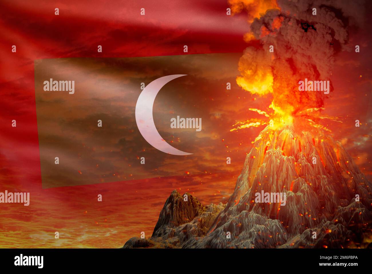 Großer Vulkanausbruch bei Nacht mit Explosion auf dem Hintergrund der Malediven-Flagge, Probleme wegen Katastrophen und vulkanischem Erdbeben - 3D Illustrati Stockfoto