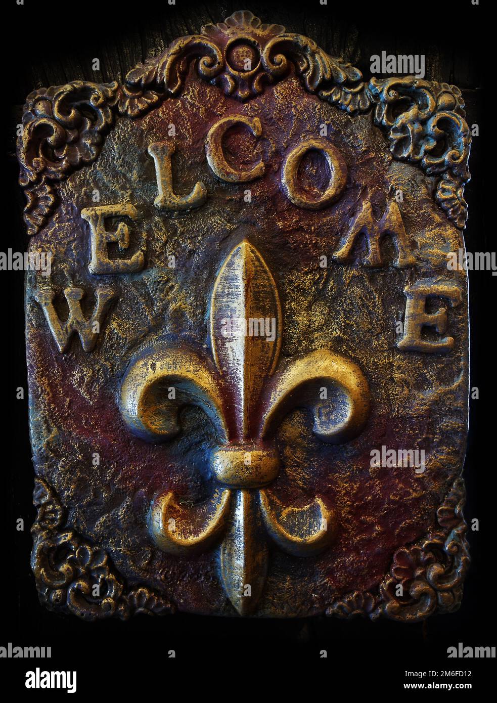 Ein Willkommensschild mit dem Fleur de Lis, dem traditionellen Symbol von New Orleans Stockfoto