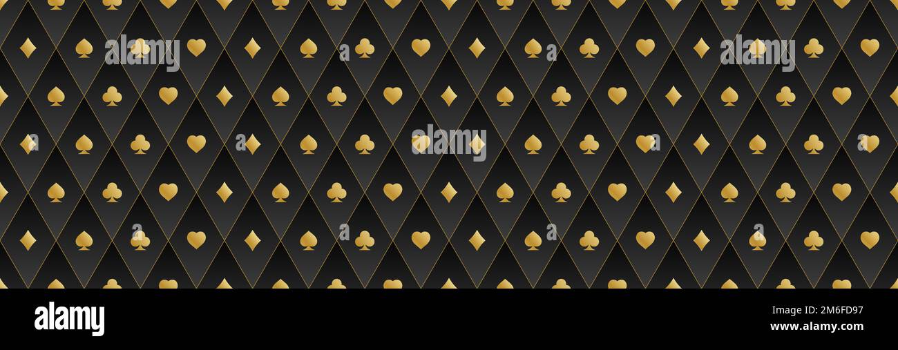 Nahtloses Goldmuster auf schwarzem Hintergrund mit Kartenanzügen. Hintergrund für Glücksspiele, Casino-Werbung Stock Vektor