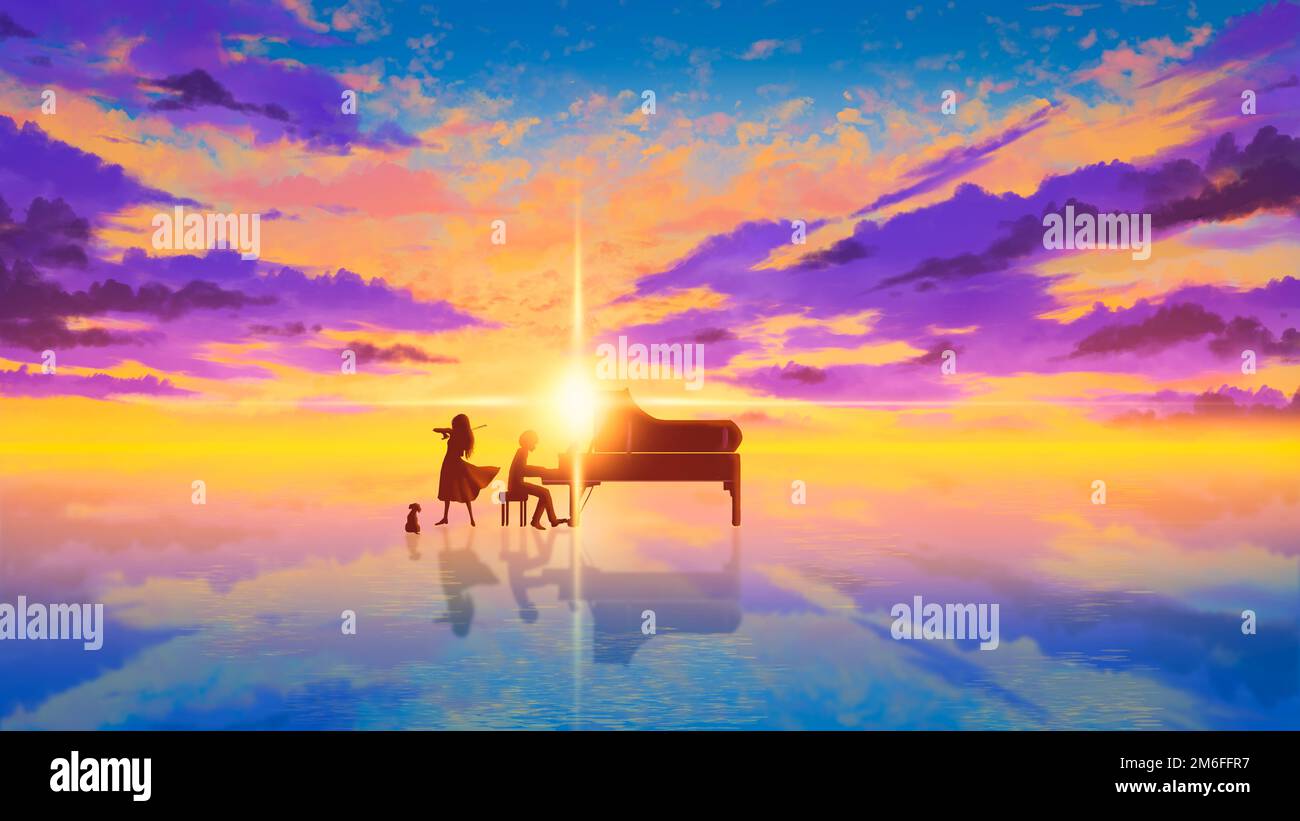 Fantasievolle Landschaft, Silhouette eines Paares und Haustiers am tropischen Meer mit Sonnenuntergang. Sie spielen Musik mit Klavier und Geige und treiben auf dem Oberflächenwasser, di Stockfoto