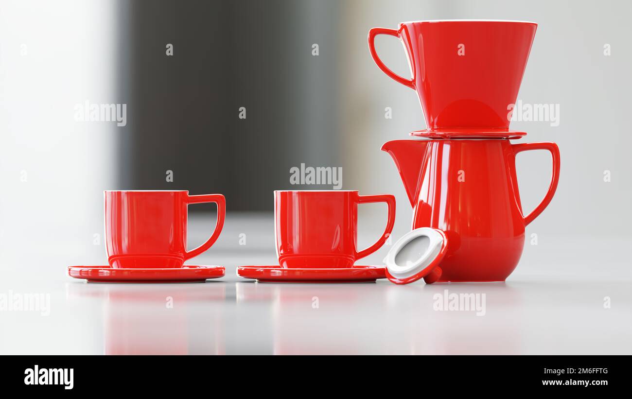Kaffeekanne mit Filter und zwei Tassen Stockfoto