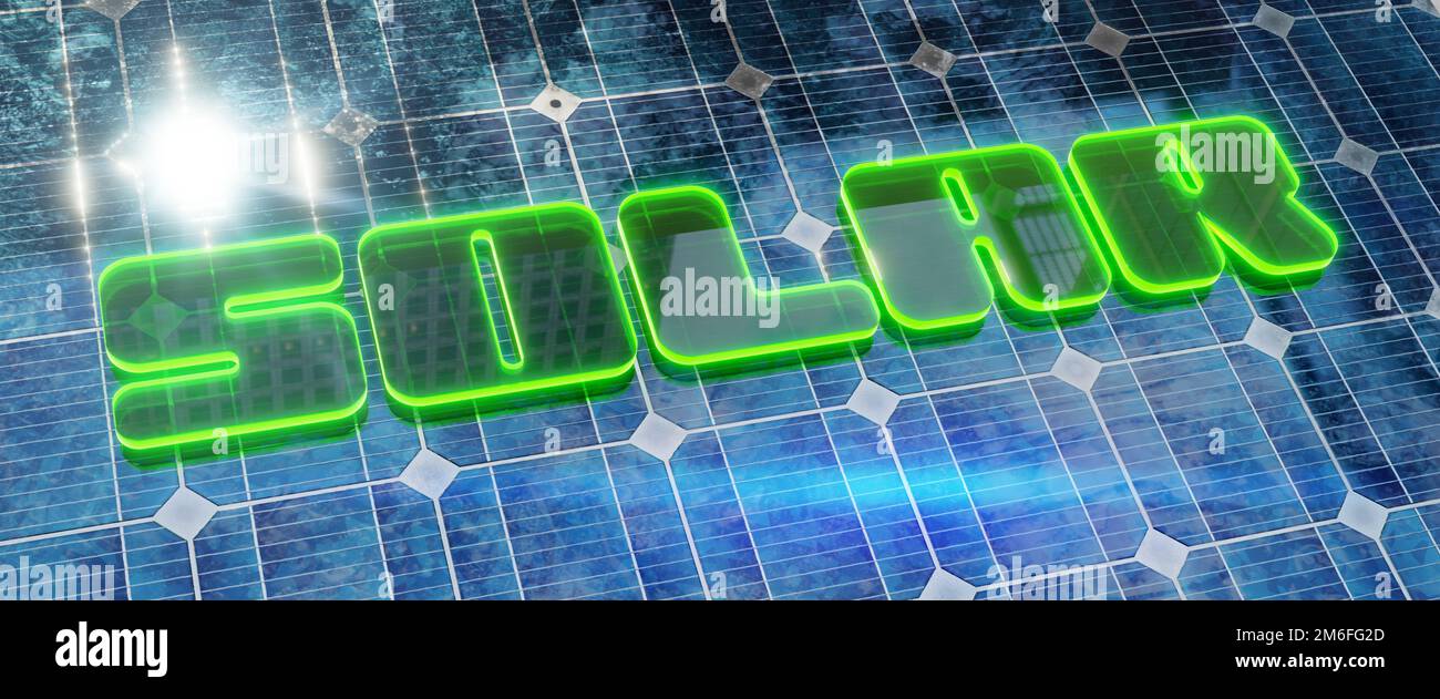 Hintergrund des Sonnenkollektors mit grün leuchtendem Wort Solar. Stockfoto