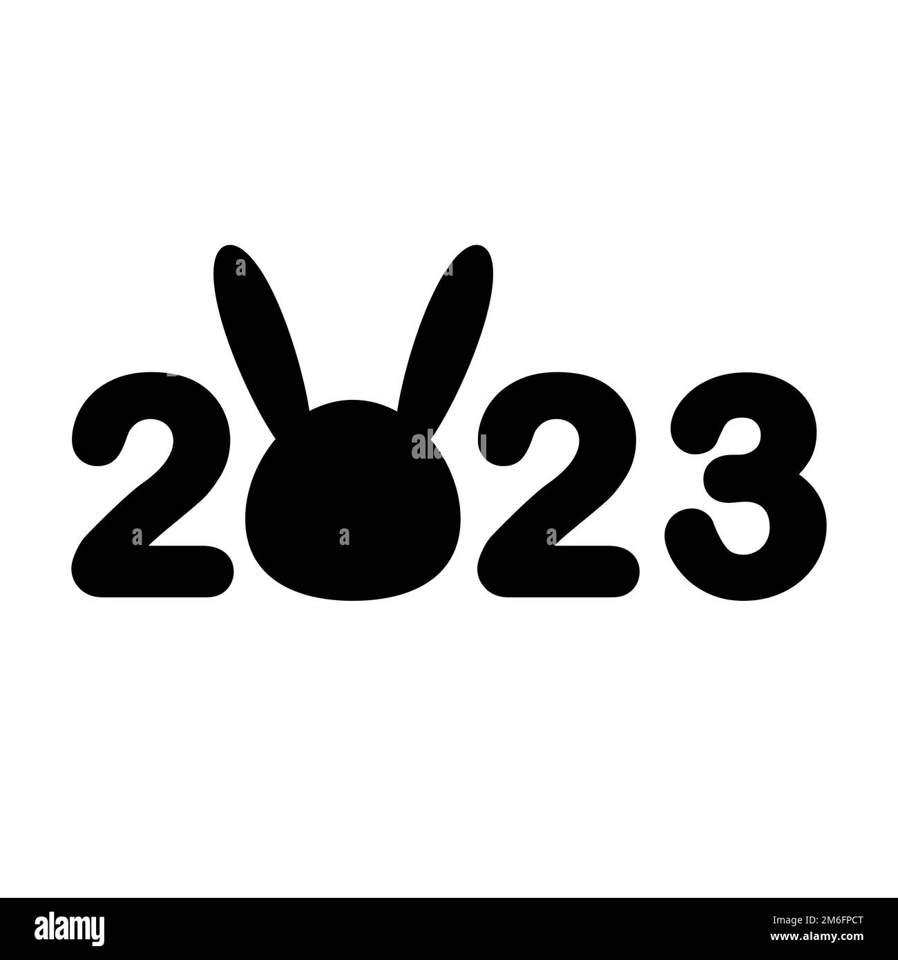 Vector-2023-Schriftzug mit Hasenkopf-Silhouette isoliert auf weißem Hintergrund Stock Vektor