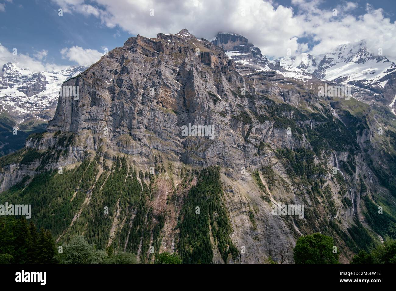 Panoramablick aus der Vogelperspektive auf das Lauterbrunnen-Tal vom kleinen Dorf MÃ¼rren - Jungfrau-Region im Sommer - Schweizer Alpen, Switzerla Stockfoto