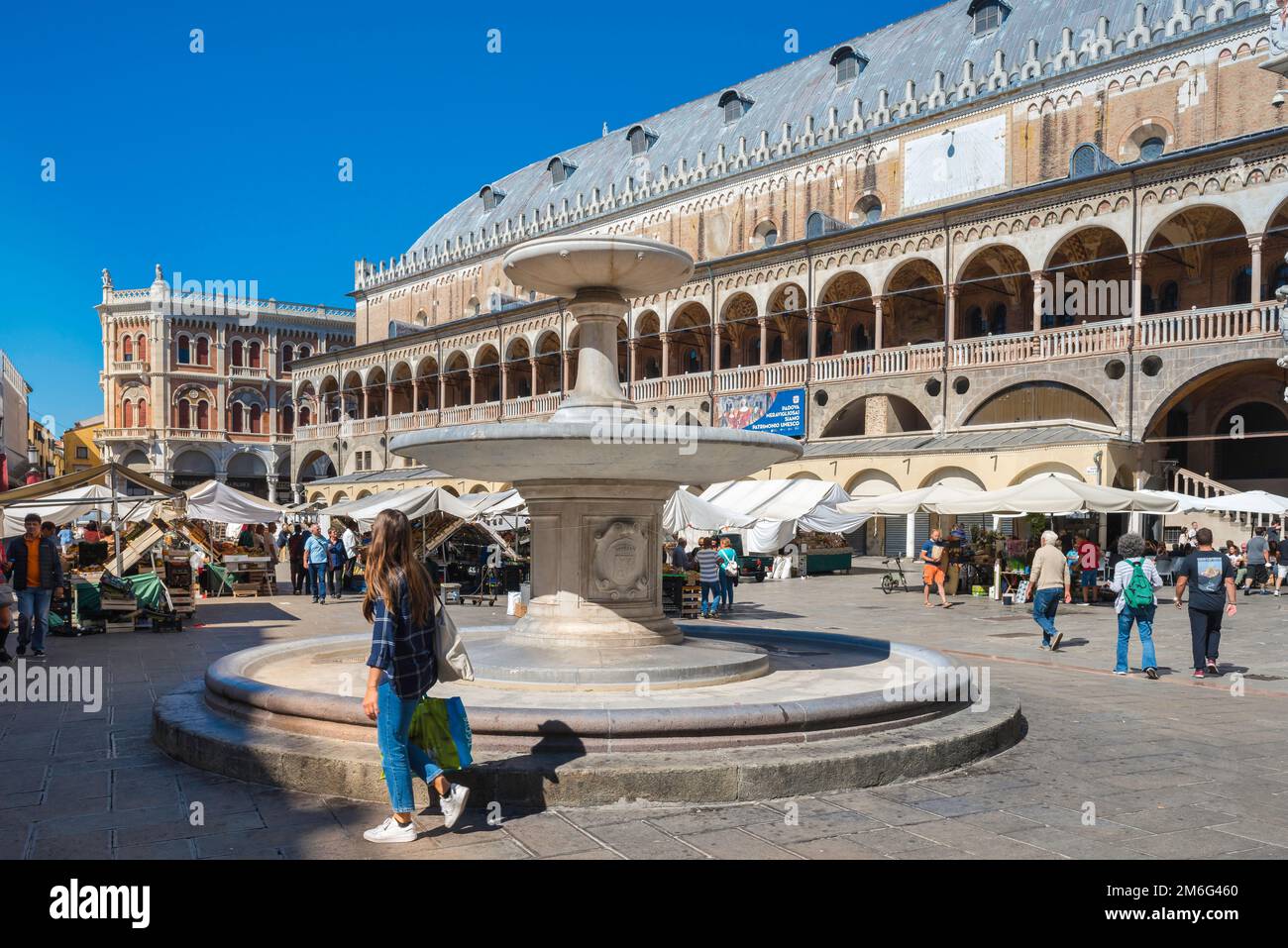 Stadtzentrum von Padua, Blick im Sommer auf die Piazza delle Erbe und den Palazzo della Ragione aus dem 13. Jahrhundert oder Salone, Padua (Padua), Veneto, Italien Stockfoto