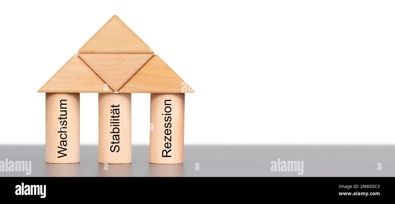 Drei Säulen mit Wachstum, Stabilität und Rezession Stockfoto