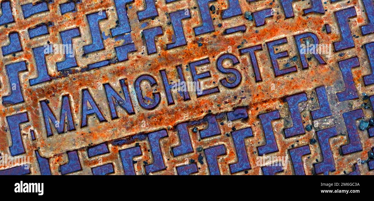 Rostiges Manchester-Gusseisen-Gitter Stockfoto