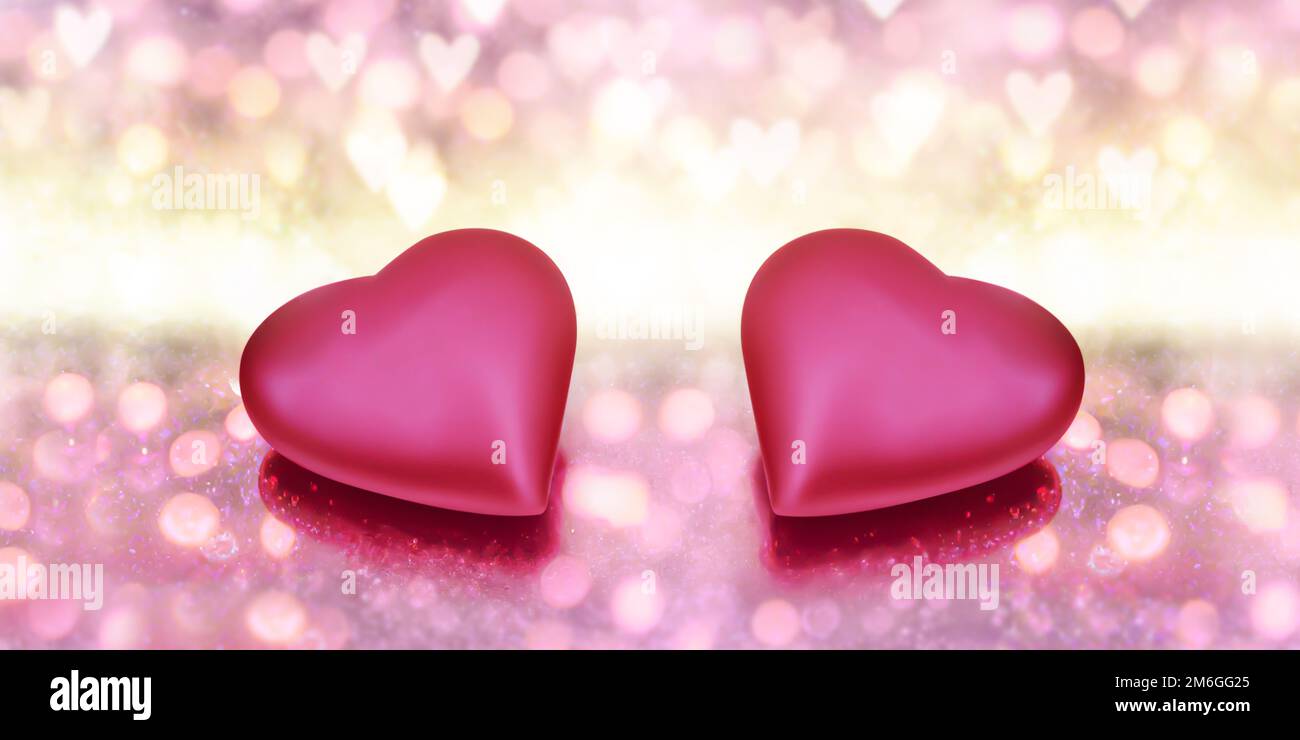 Zwei 3D-Herzen, glänzende Bokeh-Lichter, Liebe und valentinstag-Hintergrund Stockfoto