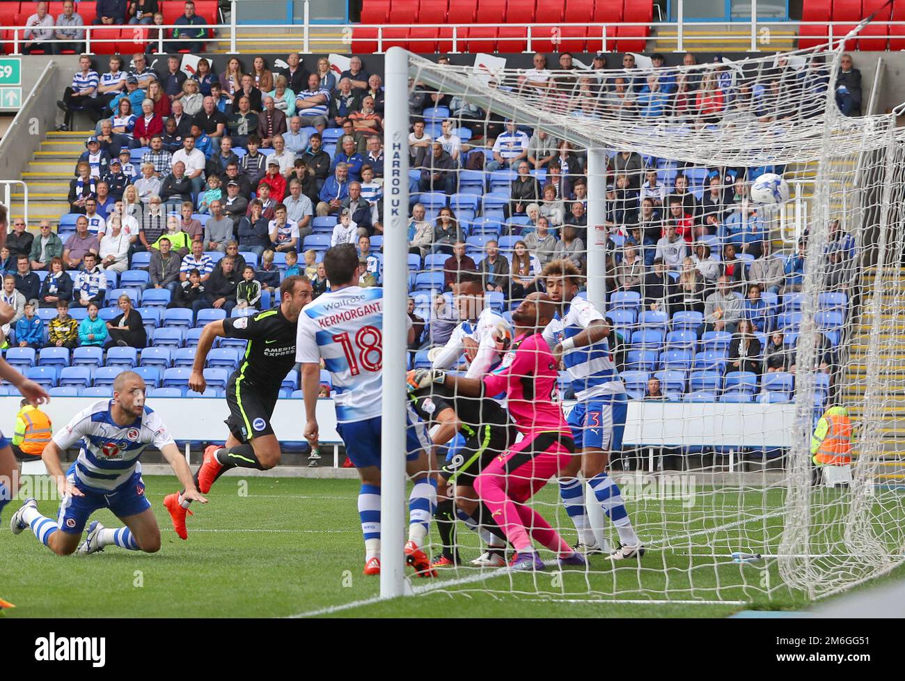 Joey van den Berg of Reading (links) erzielt ein eigenes Tor für Brighton und erreicht damit 1-1 Punkte – Reading gegen Brighton & Hove Albion, Sky Bet Championship, Madejski Stadium, Reading – 20. August 2016. Stockfoto