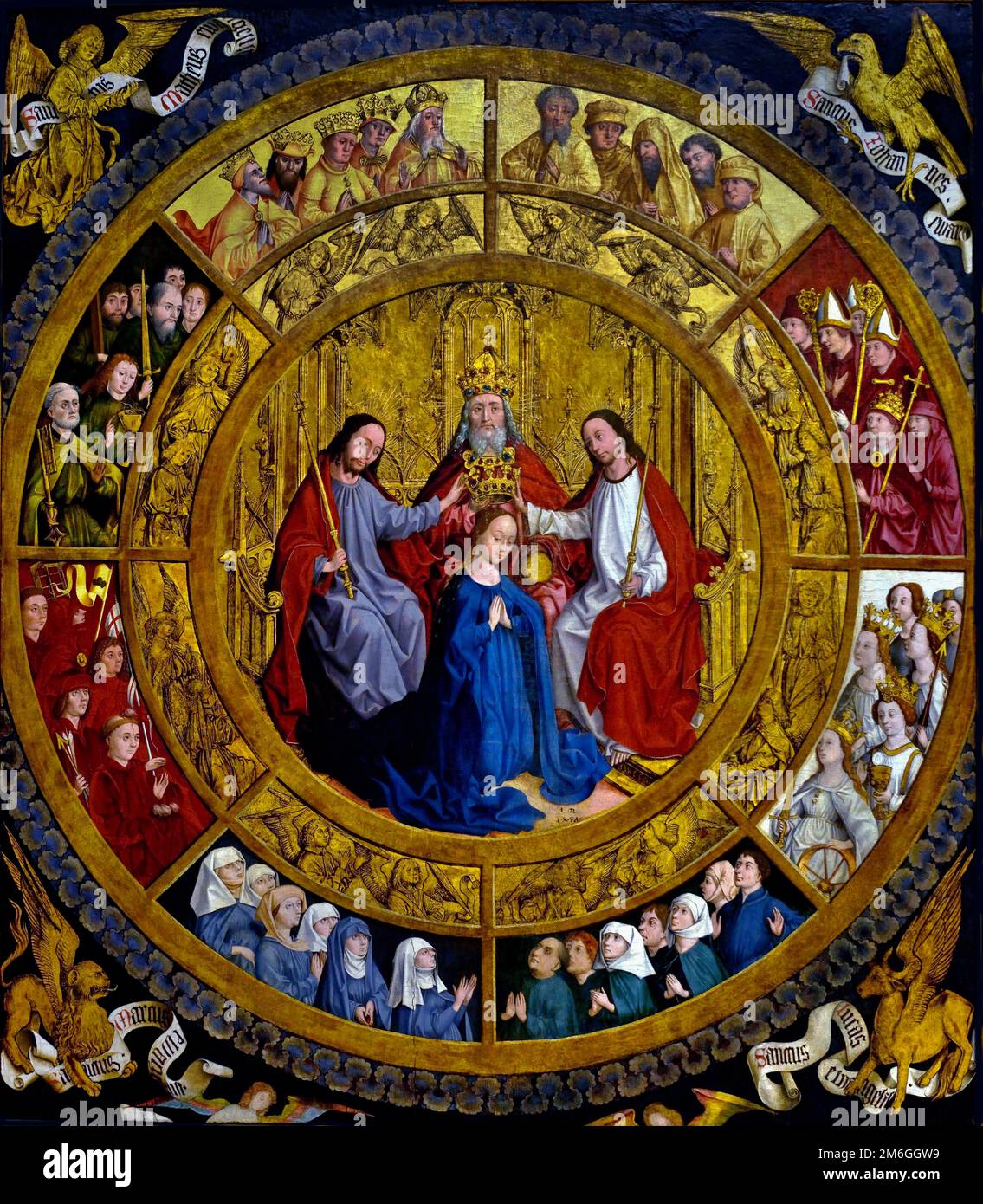 Die Krönung von Maria im Kreis der Engel und Heiligen, 1470 von Ausburger Meister Stockfoto