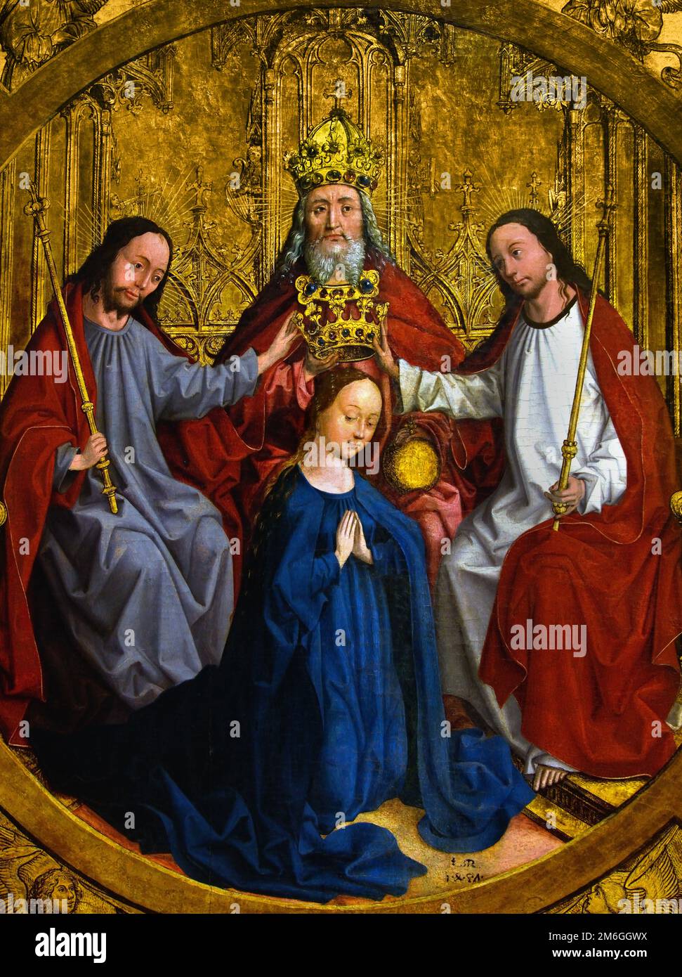 Die Krönung von Maria im Kreis der Engel und Heiligen, 1470 von Ausburger Meister Stockfoto