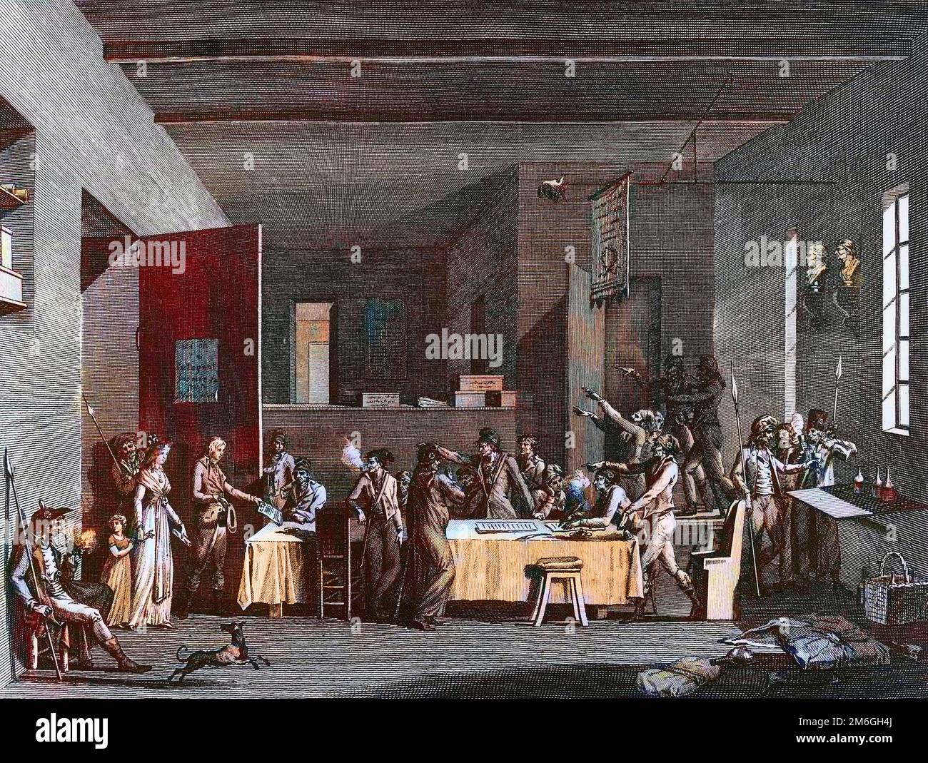 Revolution francaise et mouvement contre revolutionnaire : Interieur d'un comite revolutionnaire sous la terreur annee 1793-1794. Stockfoto