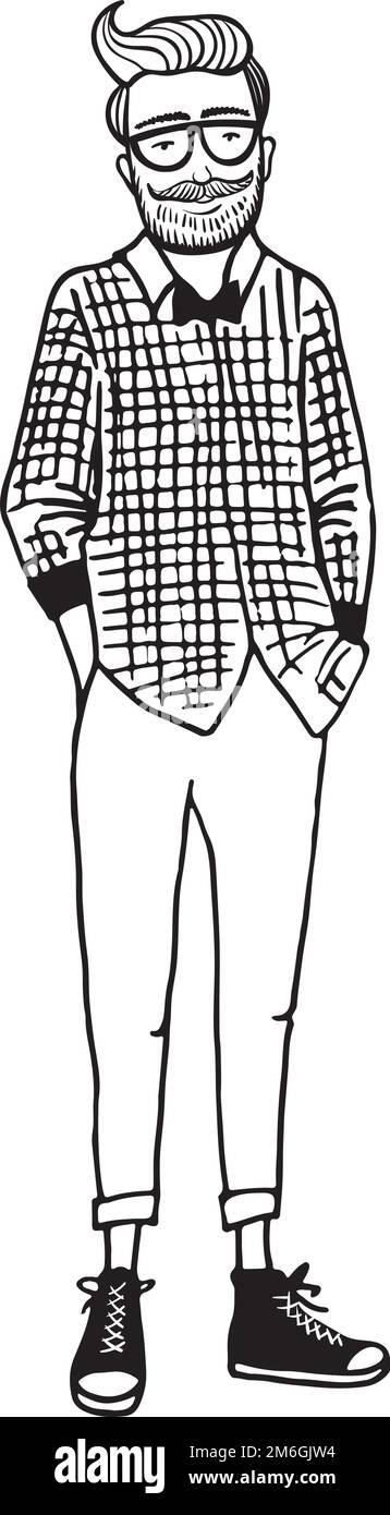 Hipster-Figur. Lustige Skizze von Männermode-Outfits Stock Vektor