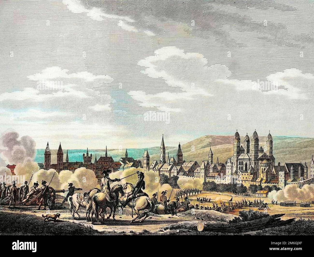 Revolution francaise et mouvement contre-revolutionnaires de Prusse : Prise de la ville de Spire (Speyer en Allemand) en octobre 1792, Allemagne. Gravure de Berthaut d'apres Swebach. Stockfoto