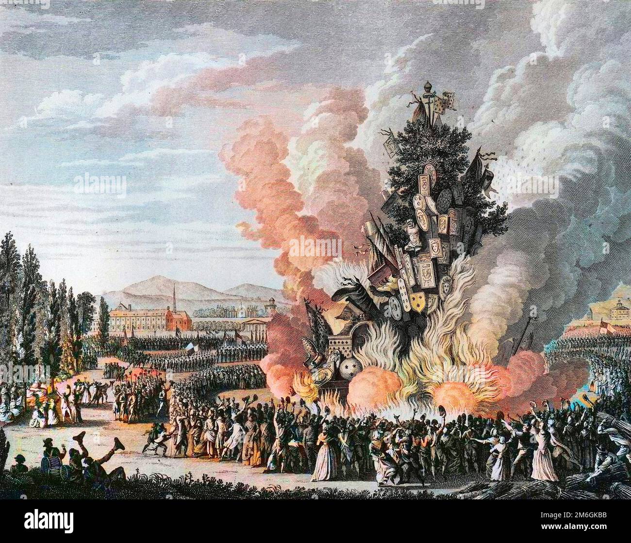 Revolution francaise de 1789 - Französische Revolution: Gedenkfeier de la prise de la Bastille le le 14 juillet 1792 avec un Grand bucher brulant les symboles de la Monarchie provenant notamment du palais des tuileries. Stockfoto