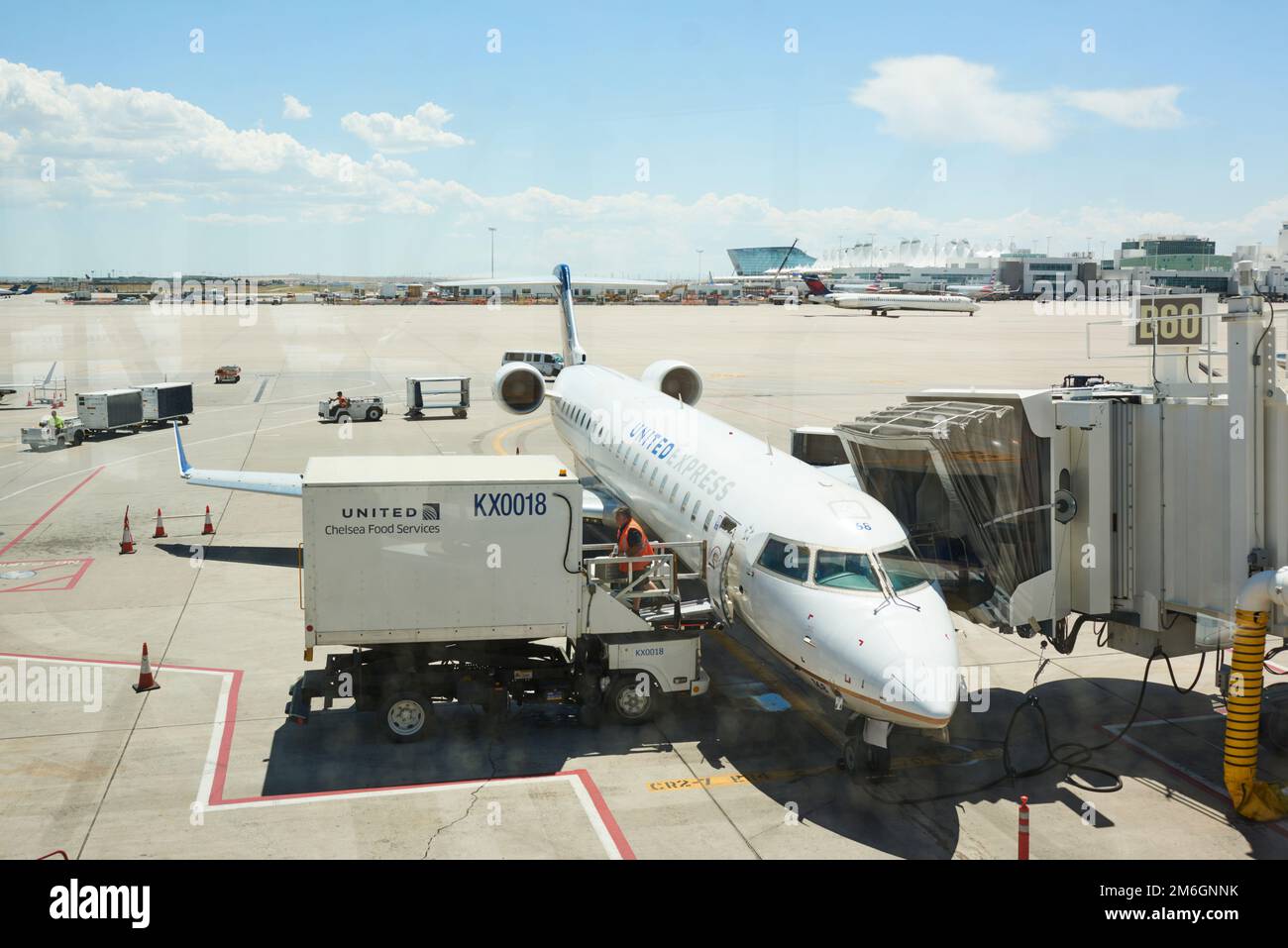 Am Flughafen Denver in Colorado, USA, wird ein united Aircraft vorbereitet. Stockfoto