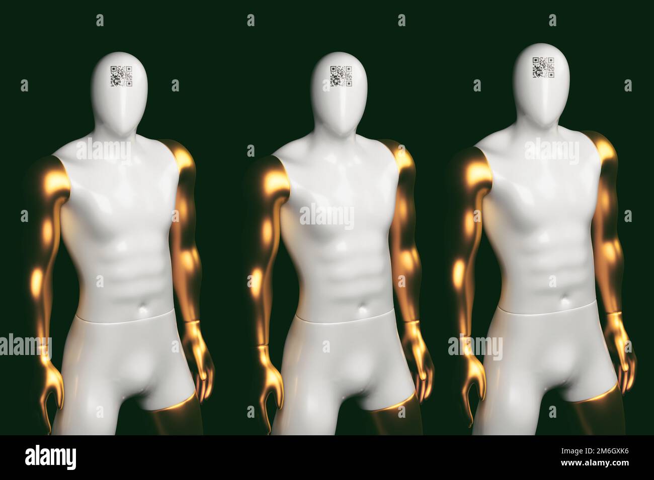 Drei Schaufensterpuppen mit goldenen Händen und einem qr-Krokodil auf der Stirn auf schwarzem Hintergrund. 3D-Rendering. Stockfoto