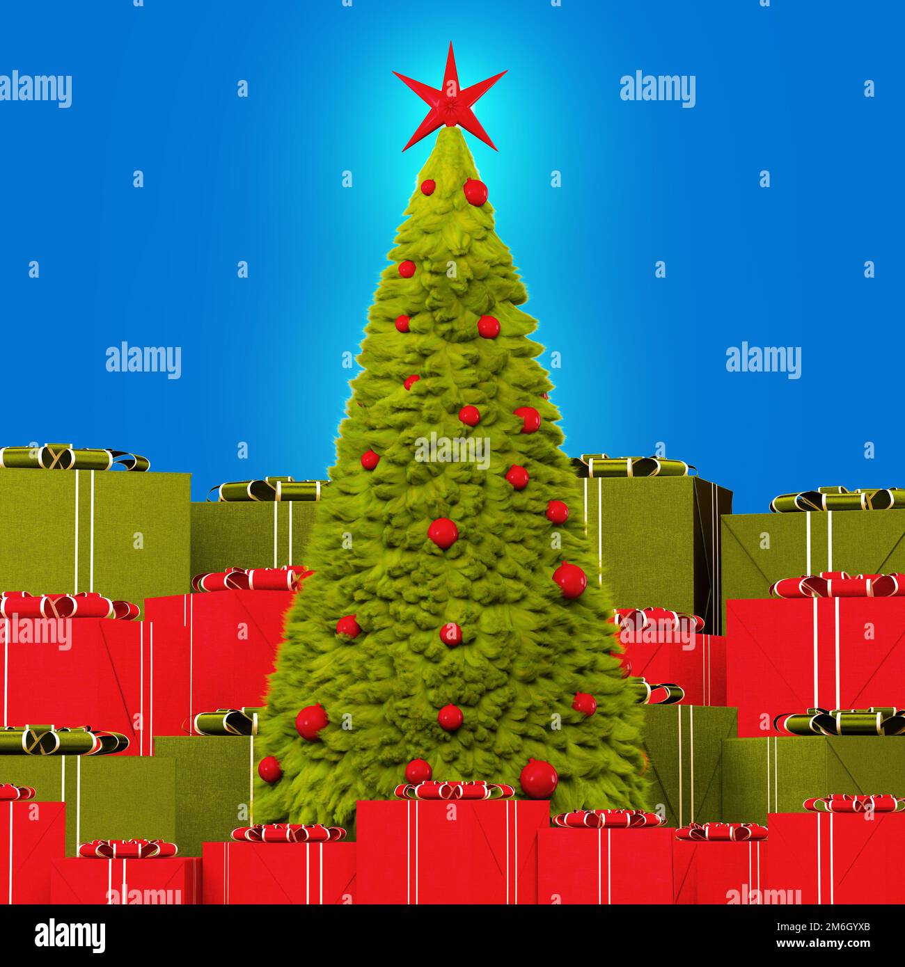Schöner, grüner Weihnachtsbaum aus Fell mit rotem Spielzeug, umgeben von großen, grünen und roten Geschenkboxen auf blauem Hintergrund. G Stockfoto