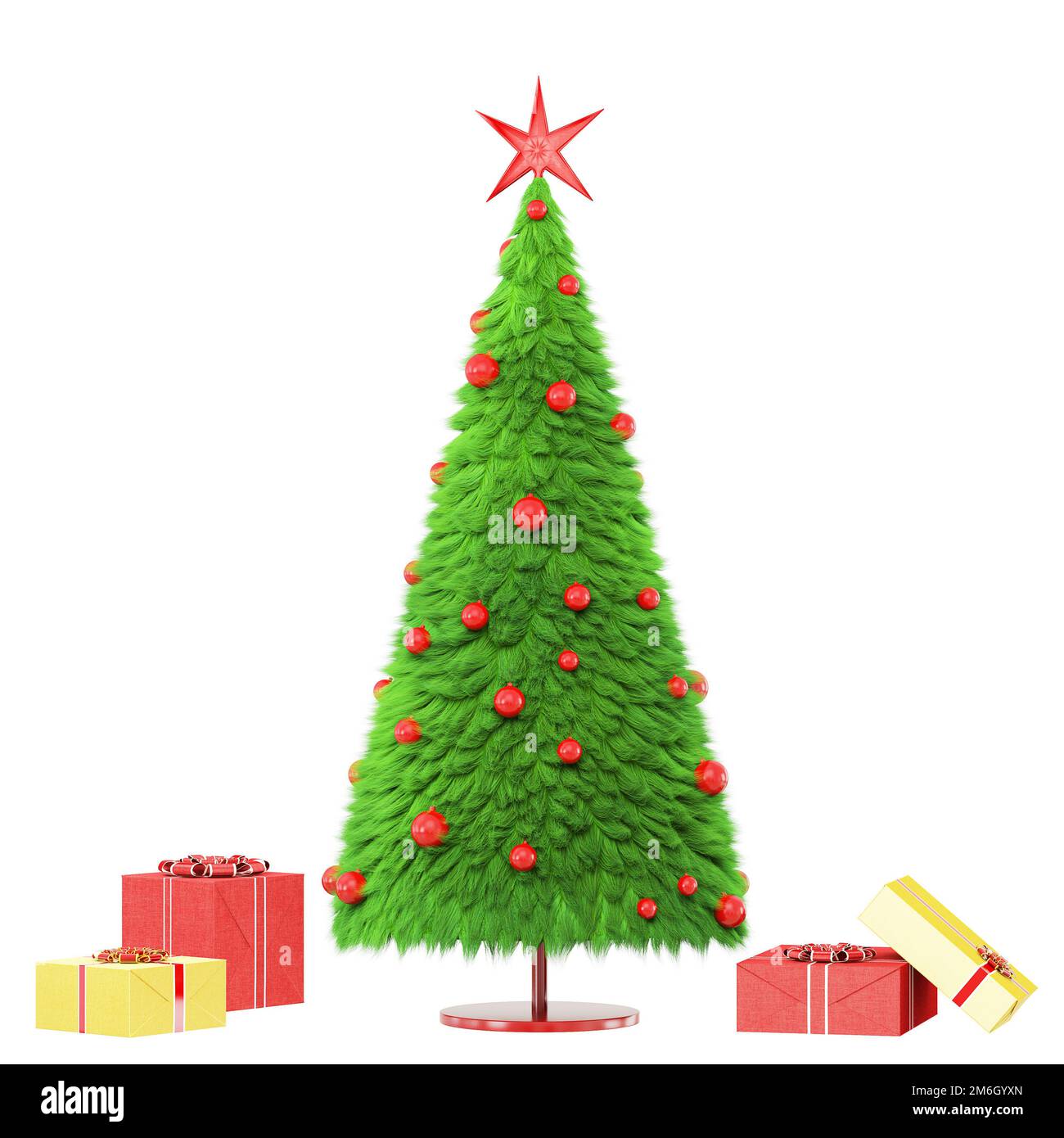 Ein Weihnachtsbaum aus Fell mit rotem Spielzeug und Geschenkboxen in der Nähe. Grußkarte für Neujahr und Weihnachten. Weißer Hintergrund. 3D Stockfoto