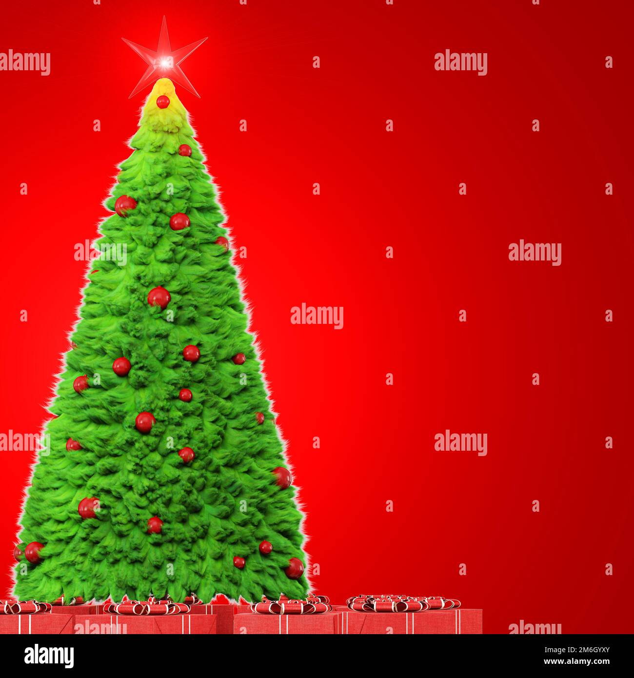 Eine grüne Weihnachtsbaumwolle aus Fell wird von einer Hintergrundbeleuchtung auf rotem Hintergrund beleuchtet. Weihnachtsbaum mit runden, roten Spielzeugen, Stockfoto