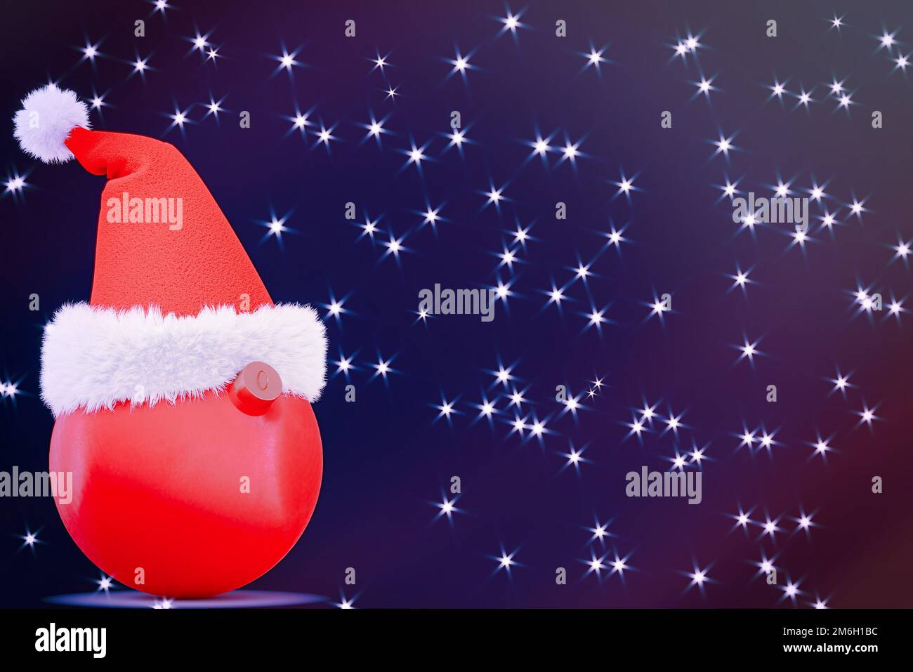 Weihnachtsmann-Hut auf einem runden, roten Weihnachtsspielzeug. Auf dunkelblauem Hintergrund mit leuchtenden Sternen. 3D-Rendering Stockfoto