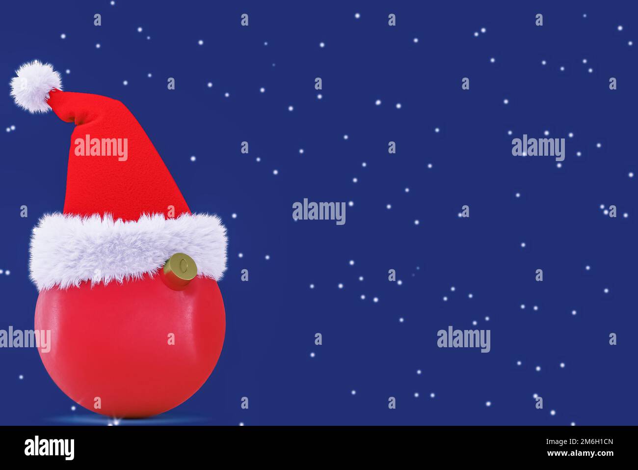 Der Weihnachtsmann-Hut wird auf einem runden Silvesterspielzeug am Abend mit Schneeflocken getragen. 3D-Rendering Stockfoto