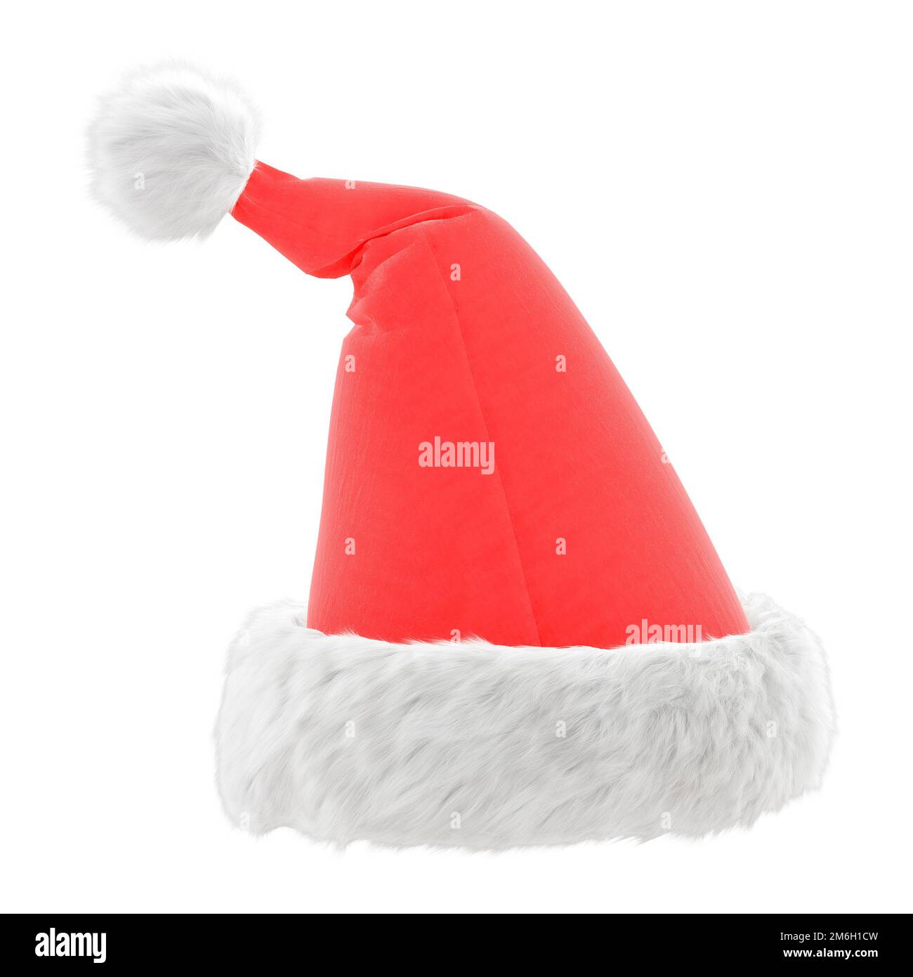 Weihnachtsmann-Hut mit Fell auf einem isolierten, weißen Hintergrund. 3D-Rendering Stockfoto