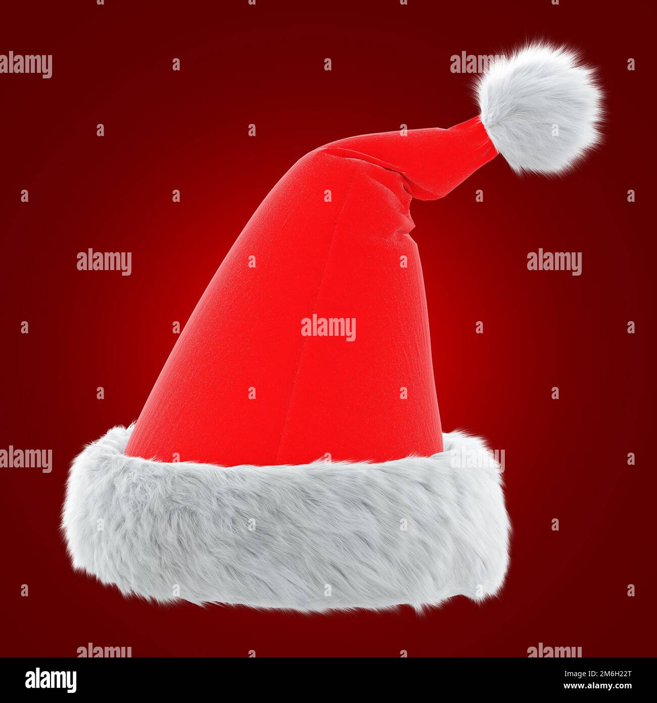 Weihnachtsmann-Hut mit Pelz auf rotem Hintergrund. 3D-Rendering Stockfoto