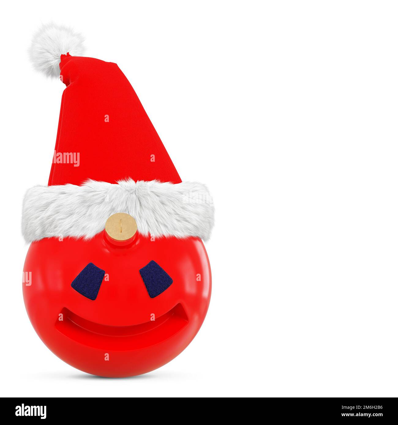 Ein Weihnachtsspielzeug mit Augen und einem Lächeln im Hut des Weihnachtsmanns auf einem isolierten weißen Hintergrund. 3D-Rendering Stockfoto