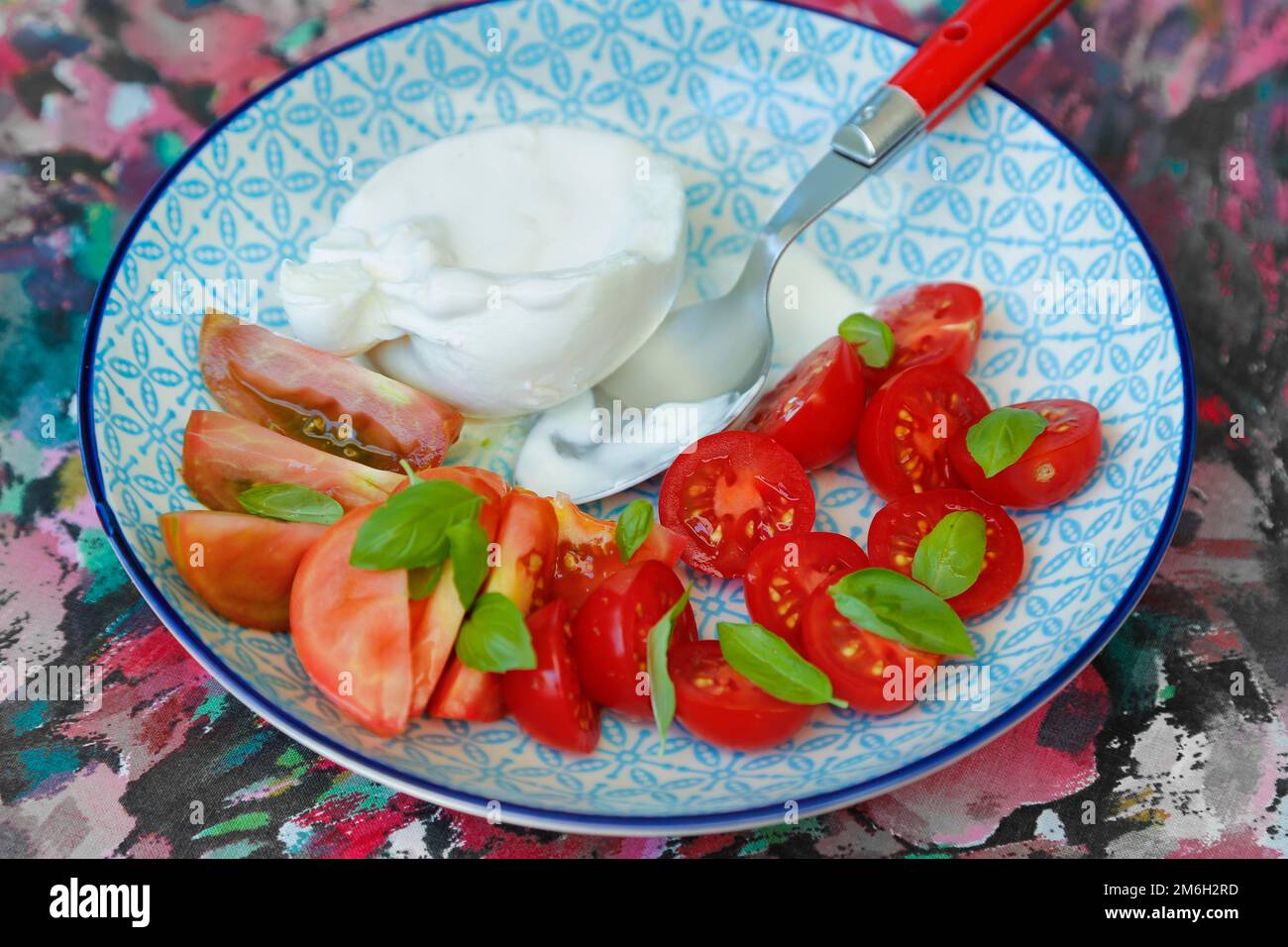 Tomaten mit Basilikum und Büffelmozzarella, gesund, Gemüse, Salat, Caprese, Vegetarier, Teller, Esslöffel, Essensfotografie, Deutschland Stockfoto