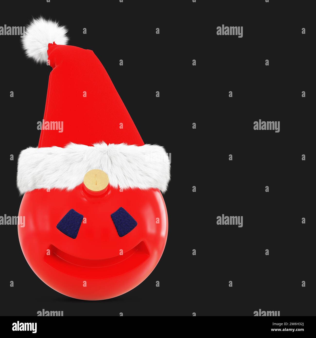 Ein Weihnachtsspielzeug mit Augen und einem Lächeln im Weihnachtsmann-Hut auf grauem Hintergrund. 3D Rendern Stockfoto