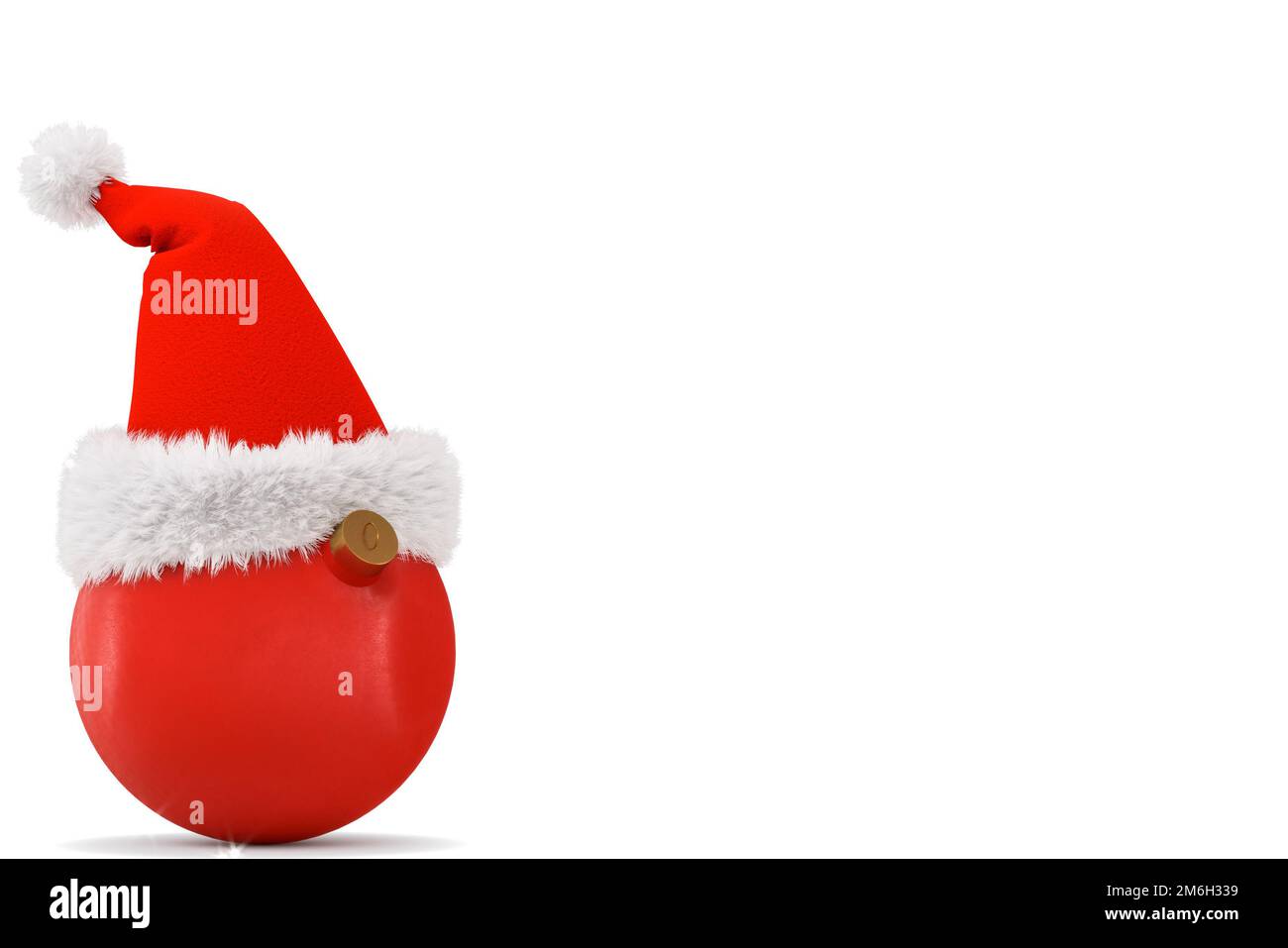 Der Weihnachtsmann wird auf einem runden Neujahrsspielzeug auf weißem Hintergrund mit Schneeflocken getragen. 3D-Rendering Stockfoto